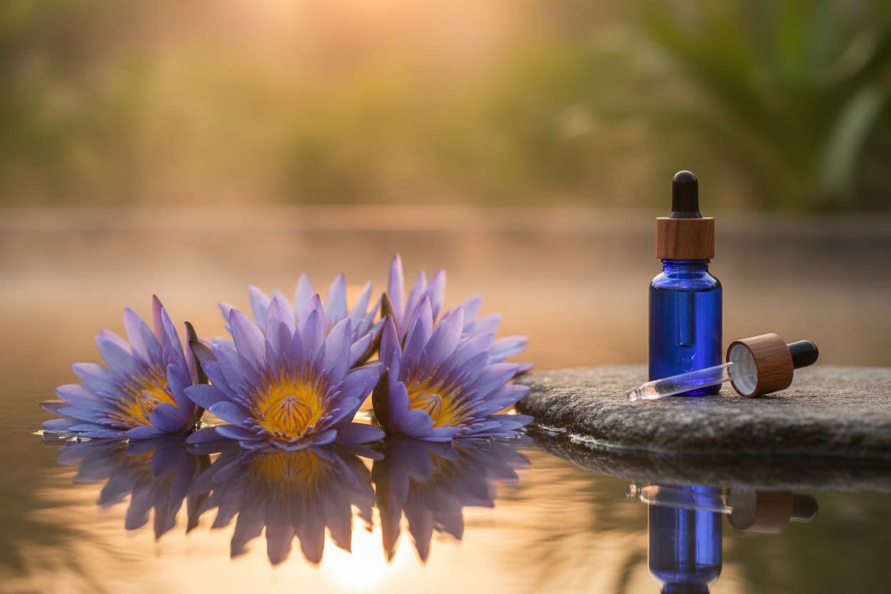 Blue lotus flowers beside a blue glass essential oil bottle with dropper on stone, calming spa wellness setting.