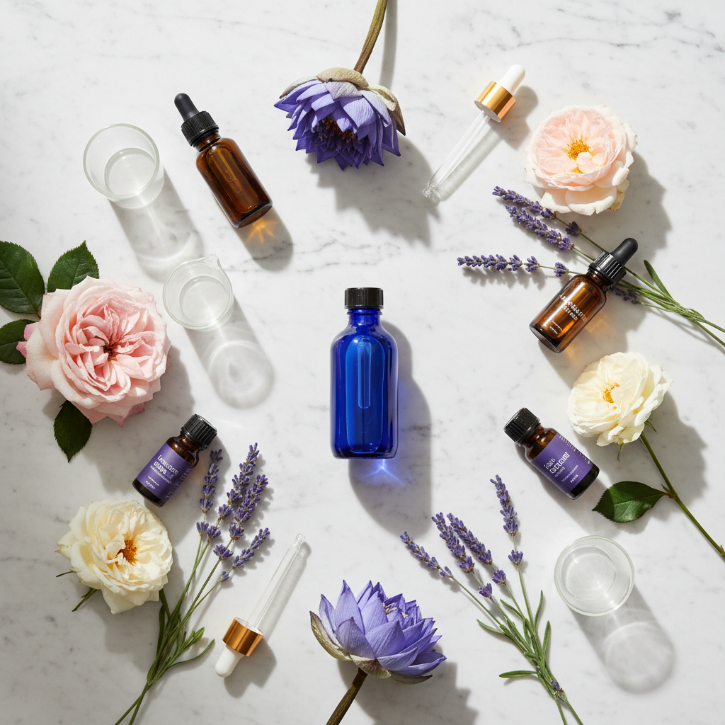 Blue Lotus oil blending setup with essential oil bottles, lavender sprigs, and floral ingredients arranged on marble background