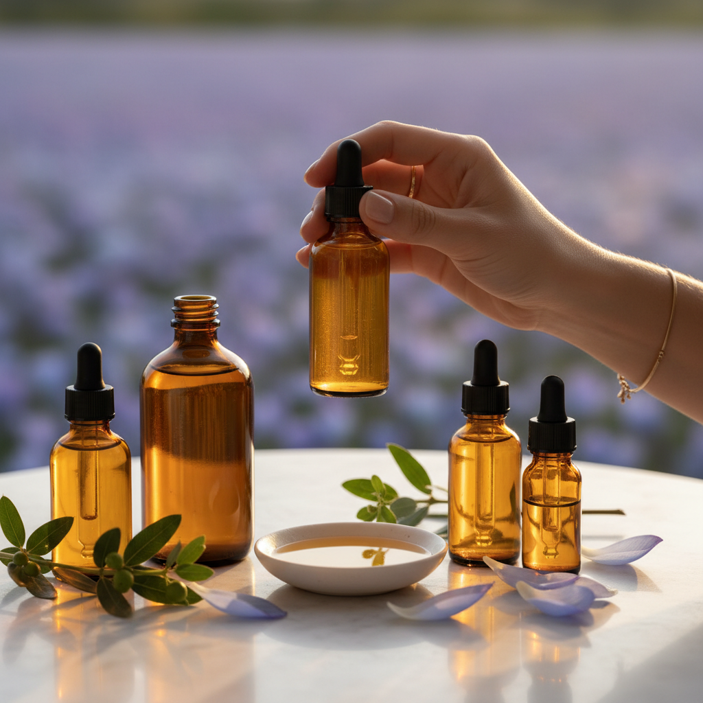 Blue lotus oil carrier blends in amber glass dropper bottles for aromatherapy retail packaging