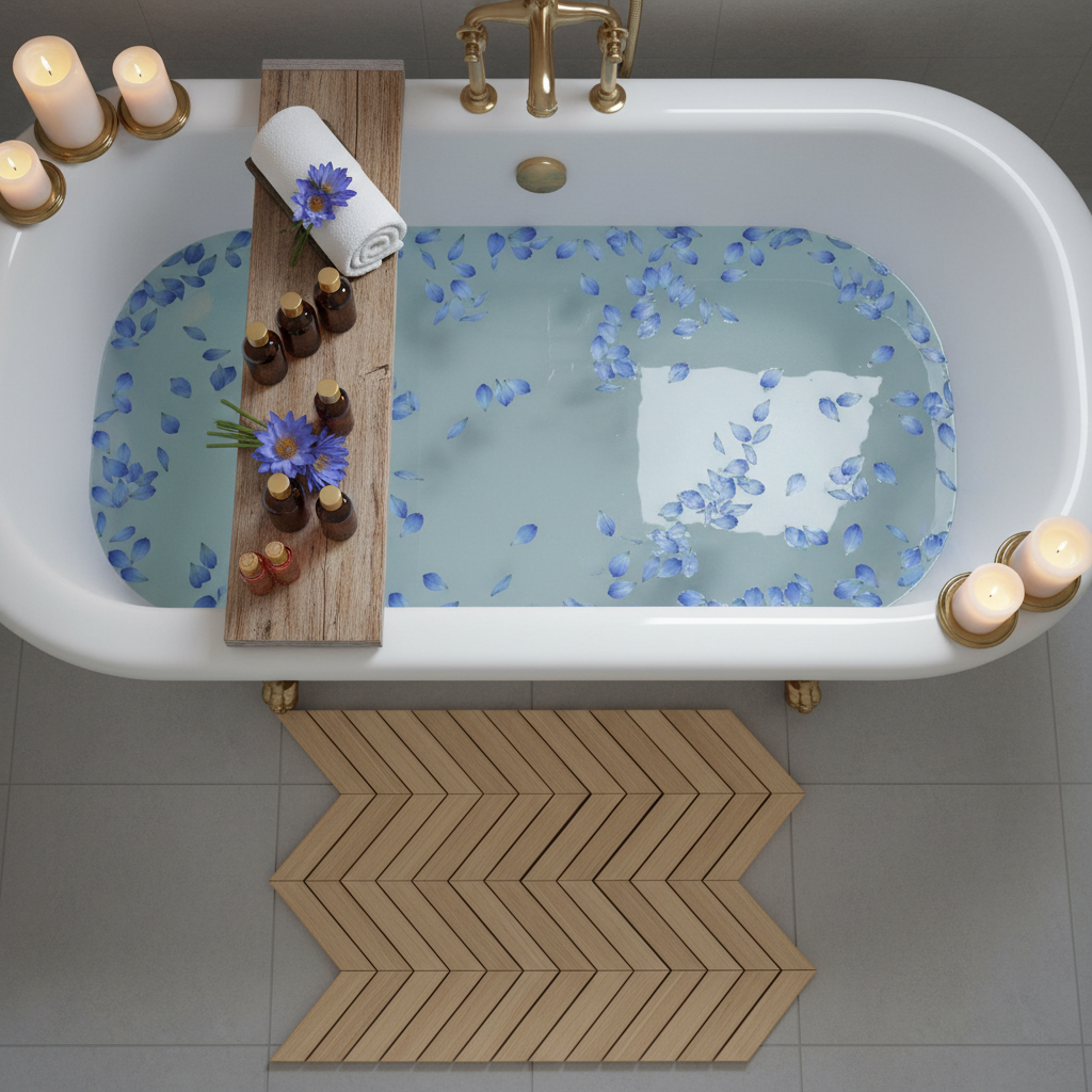 Blue lotus bath soak with blue petals, essential oil bottles, and candles in a relaxing spa bathtub setting