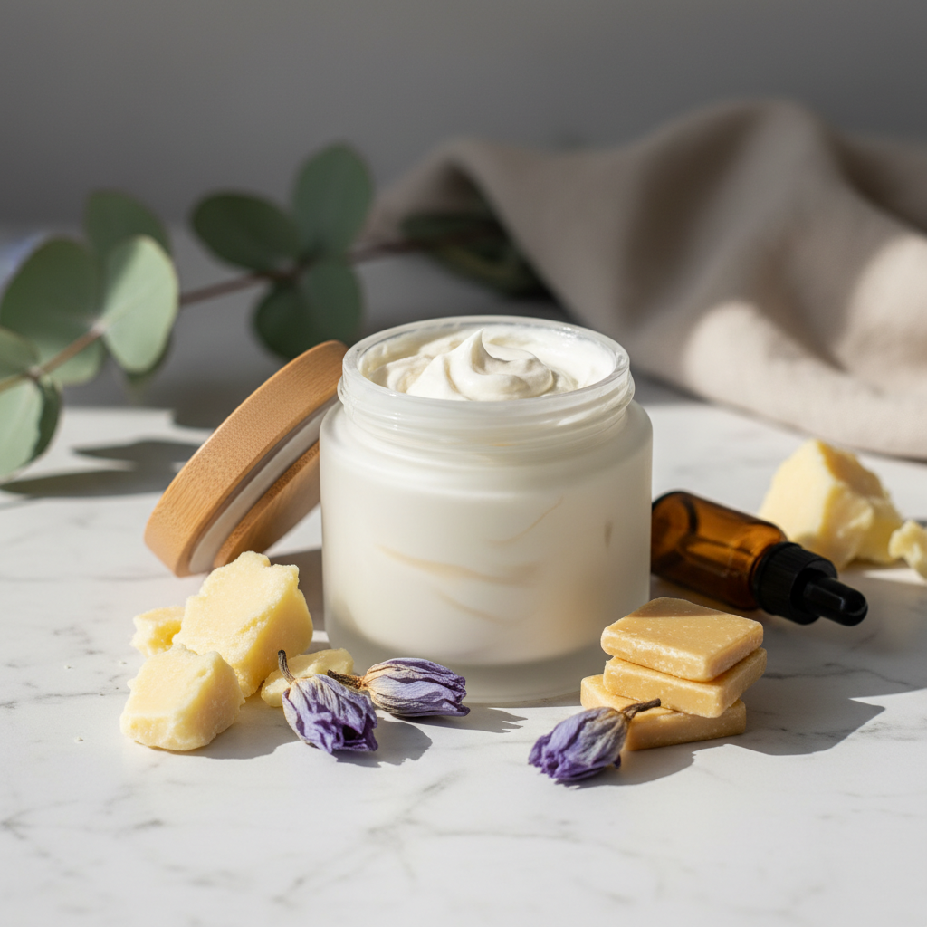 Blue lotus body butter with shea butter, skincare cream jar, and natural cosmetic ingredients