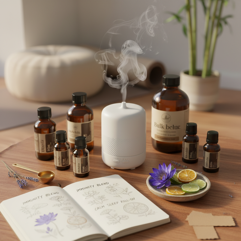 Blue lotus oil diffuser blends with essential oils in a wellness studio setting