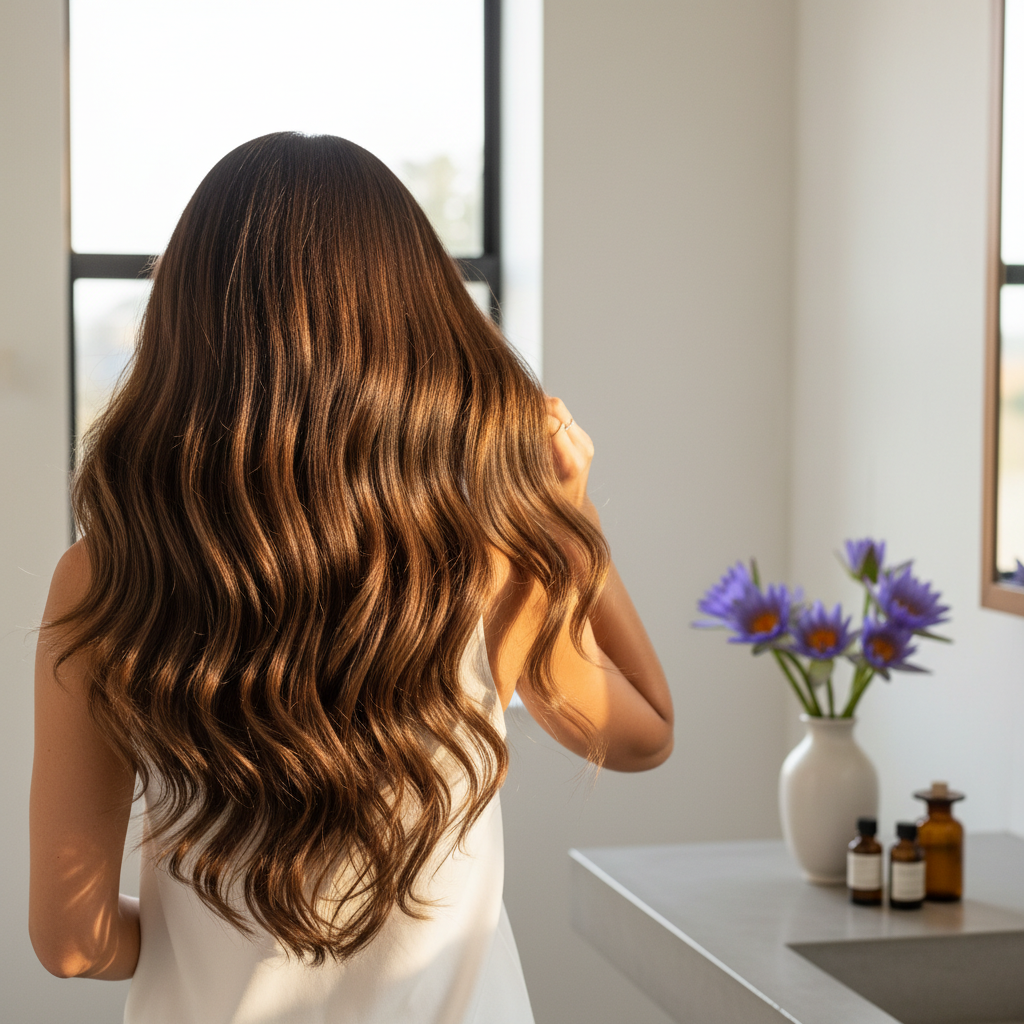 DIY blue lotus hair oil treatment for shiny healthy hair near window with essential oil bottles