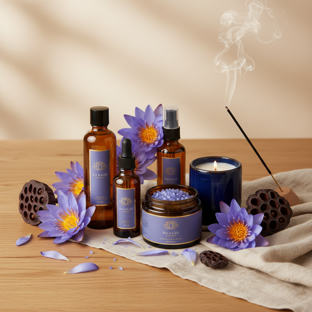 Blue lotus oil aromatherapy products with incense, candle, and purple lotus flowers on wooden table