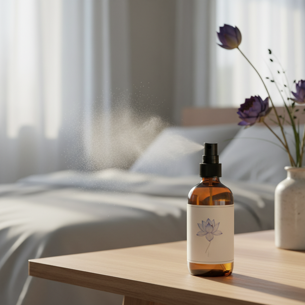 Blue lotus room spray mist in bedroom with amber spray bottle