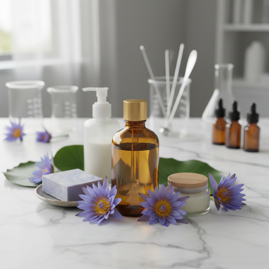 Bulk blue lotus oil with bath and body products in cosmetic lab setting