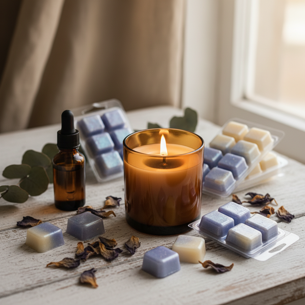 Blue lotus candle and wax melts with fragrance oil bottle on rustic table