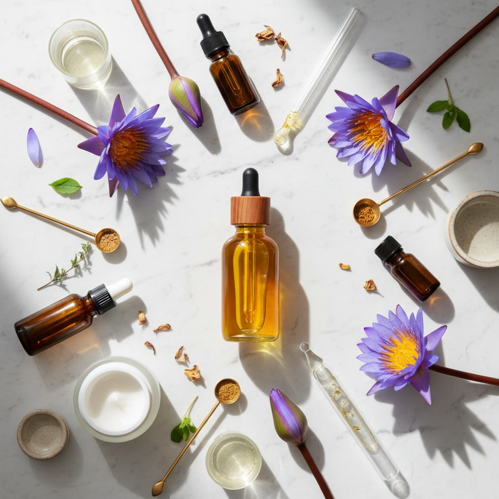Blue lotus oil skincare products with blue lotus flowers and serum bottles