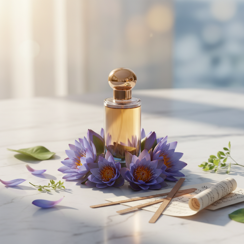 Blue lotus perfume bottle with purple lotus flowers for luxury fragrance branding.