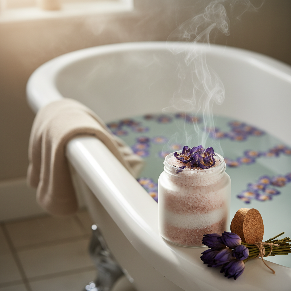 Blue lotus bath salts beside a relaxing bathtub with dried flowers and steam