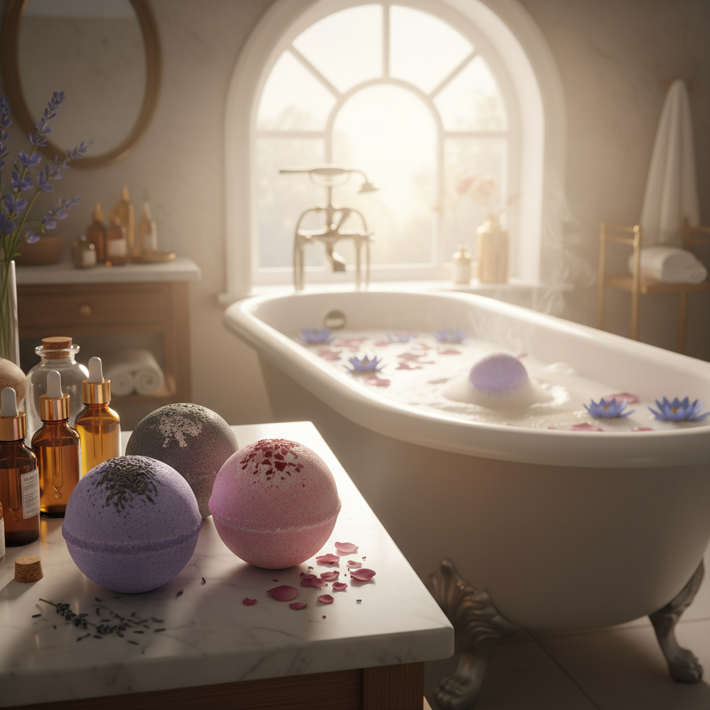 DIY Blue Lotus bath bombs beside a spa bathtub with floating blue lotus flowers and essential oils.