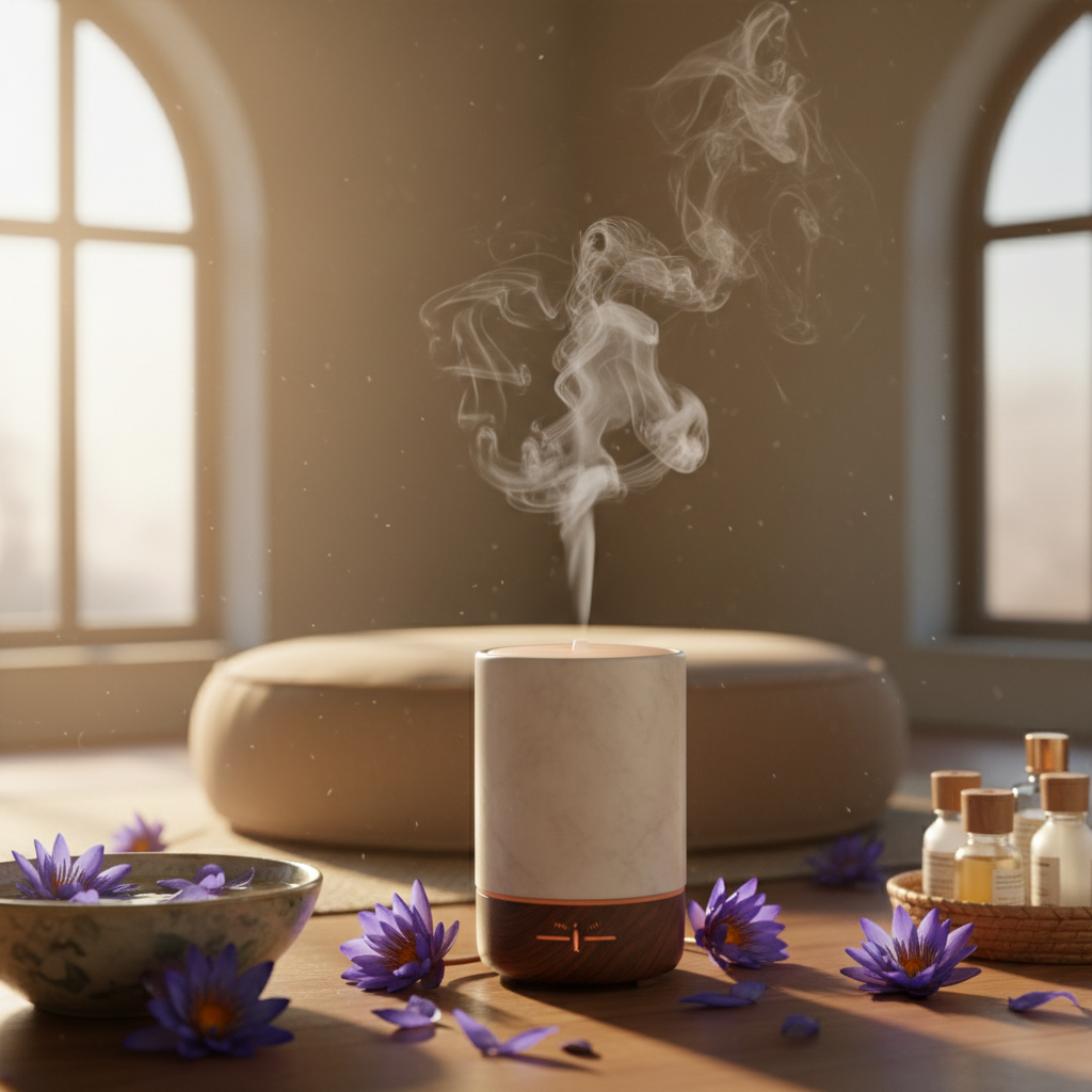 blue lotus diffuser in meditation space with calming aromatherapy mist