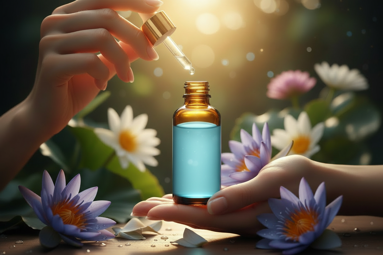 blue lotus face serum dropper adding oil to amber bottle for DIY skincare recipe