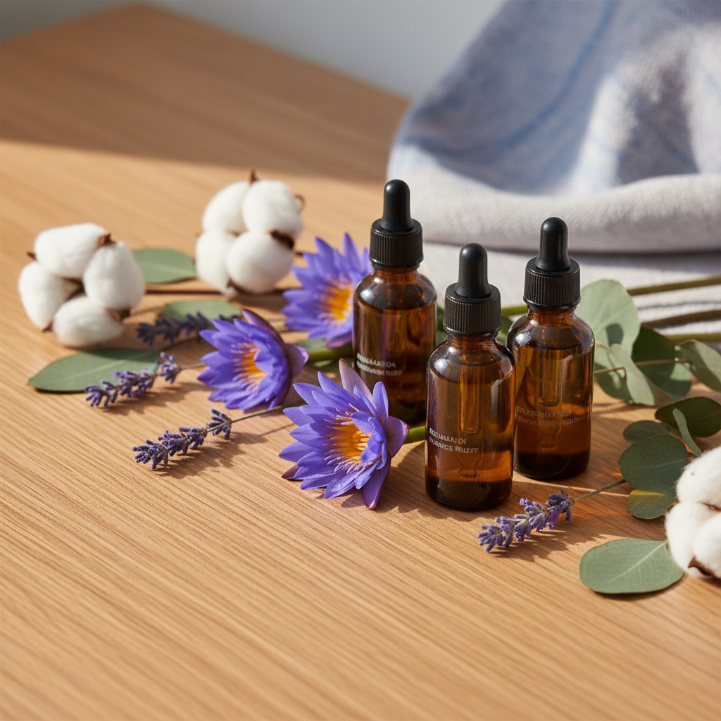 Blue Lotus essential oil bottles with lavender flowers and cotton on wooden table for DIY massage oil recipes