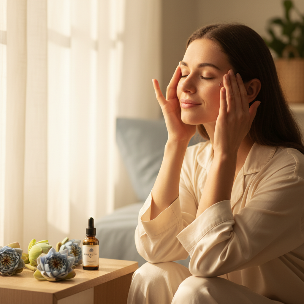 Woman applying blue lotus oil to temples for sleep and relaxation ritual