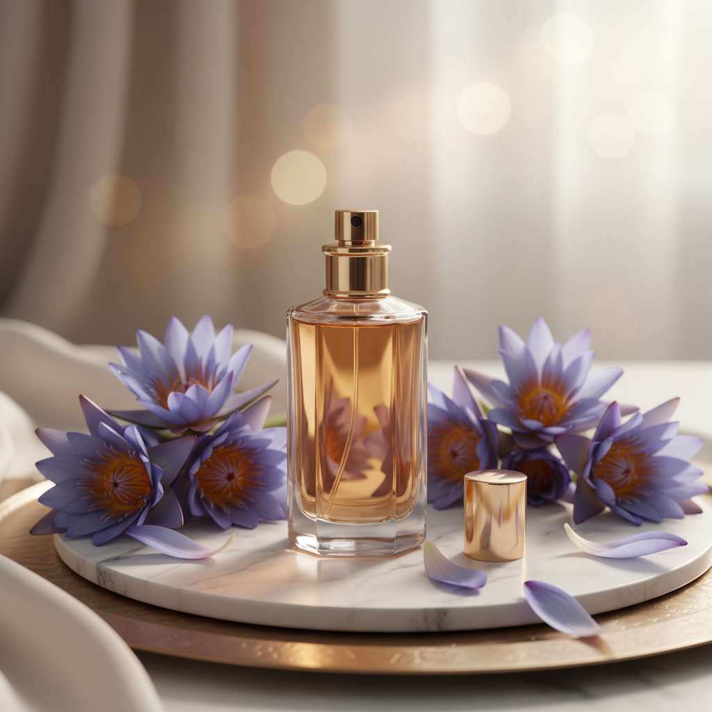 Blue Lotus oil perfume bottle surrounded by fresh blue lotus flowers on a tray, showcasing a DIY natural fragrance made at home
