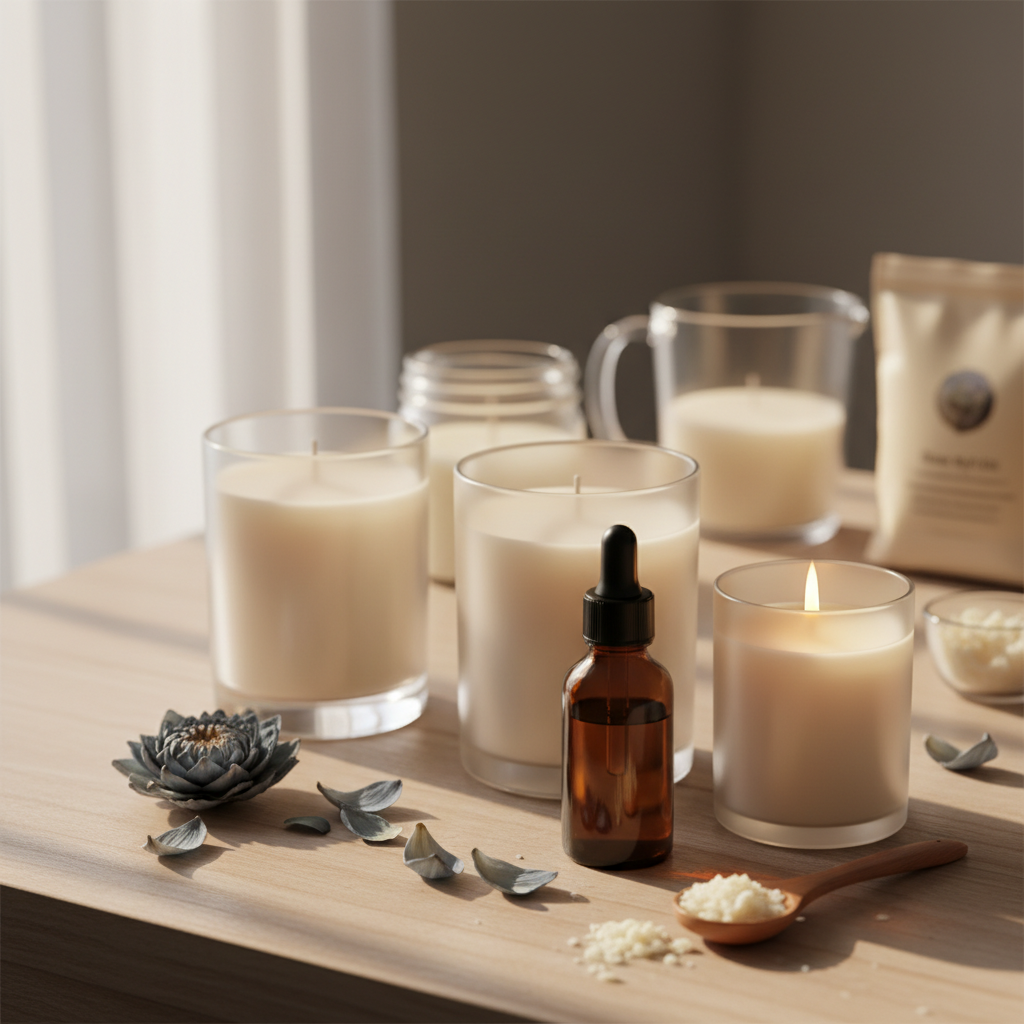 Blue lotus oil aromatherapy candle making supplies with soy wax candles and essential oil bottle