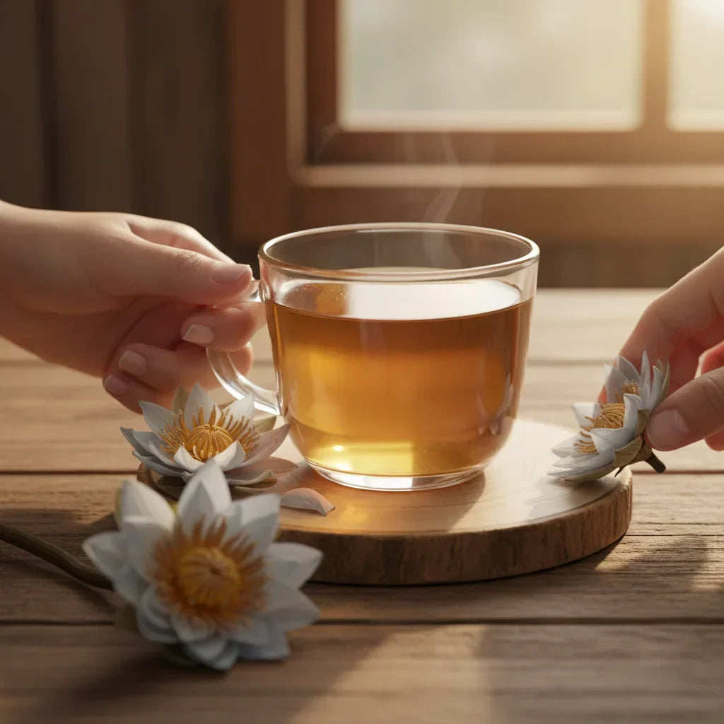 Cup of blue lotus tea served on a wooden tray with blue lotus flowers, showing a calm herbal tea preparation setting.