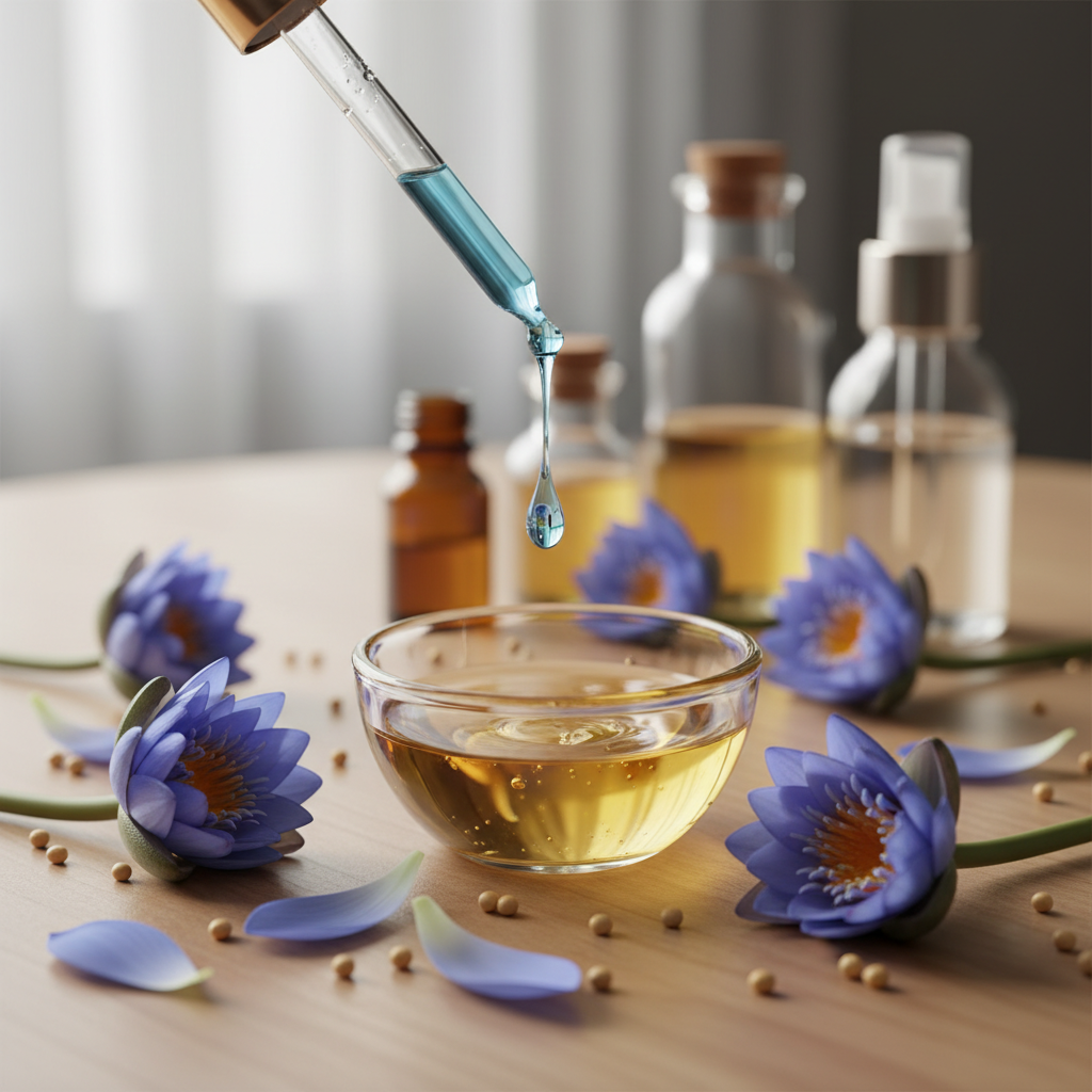 Blue Lotus essential oil dropper adding oil to carrier oil in glass bowl with blue lotus flowers on wooden table