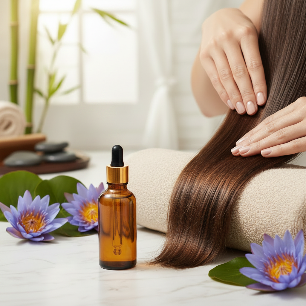 Blue lotus oil hair treatment for smooth shiny hair with lotus flowers