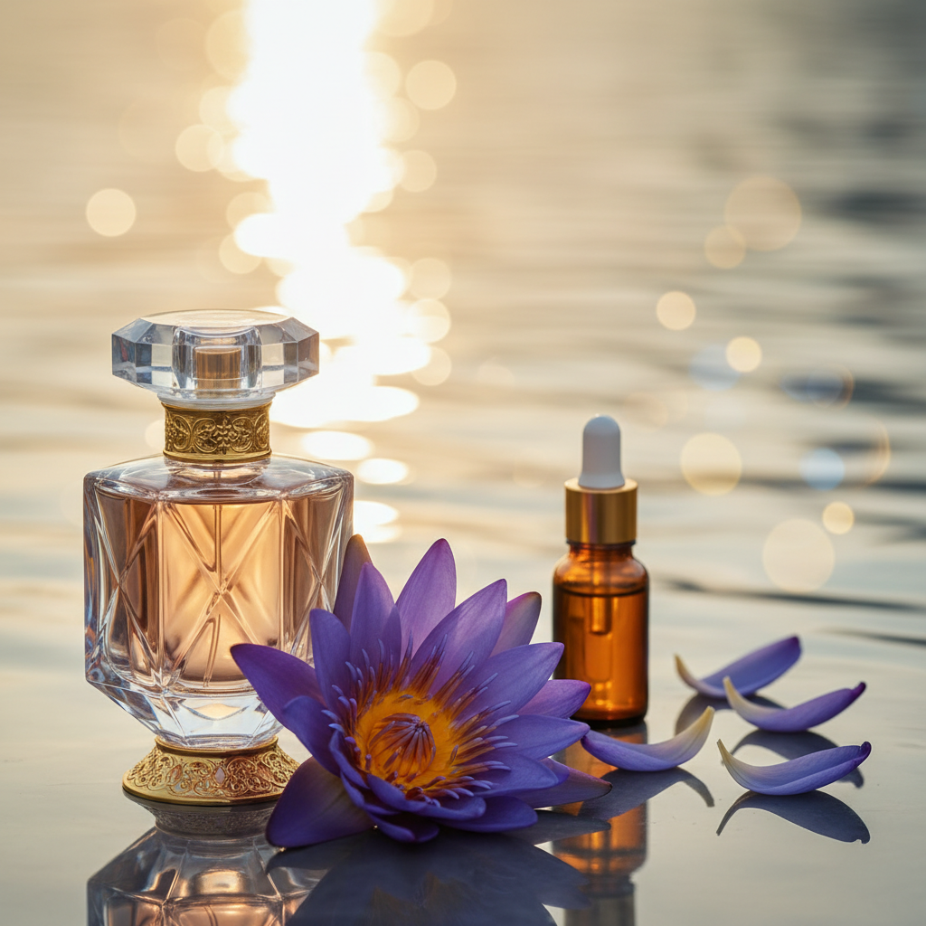 Luxury perfume bottle with blue lotus oil and flower by water at sunset