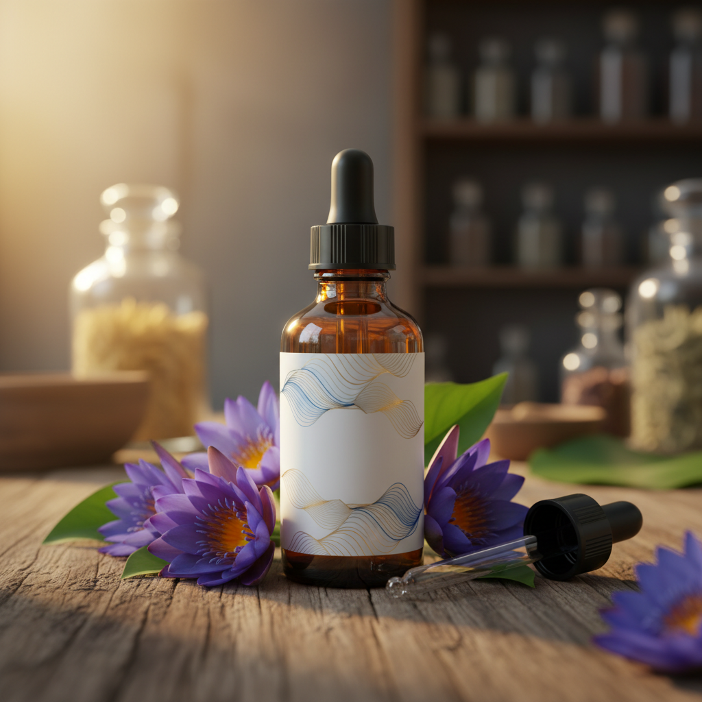 bulk blue lotus oil dropper bottle with lotus flowers on wooden table