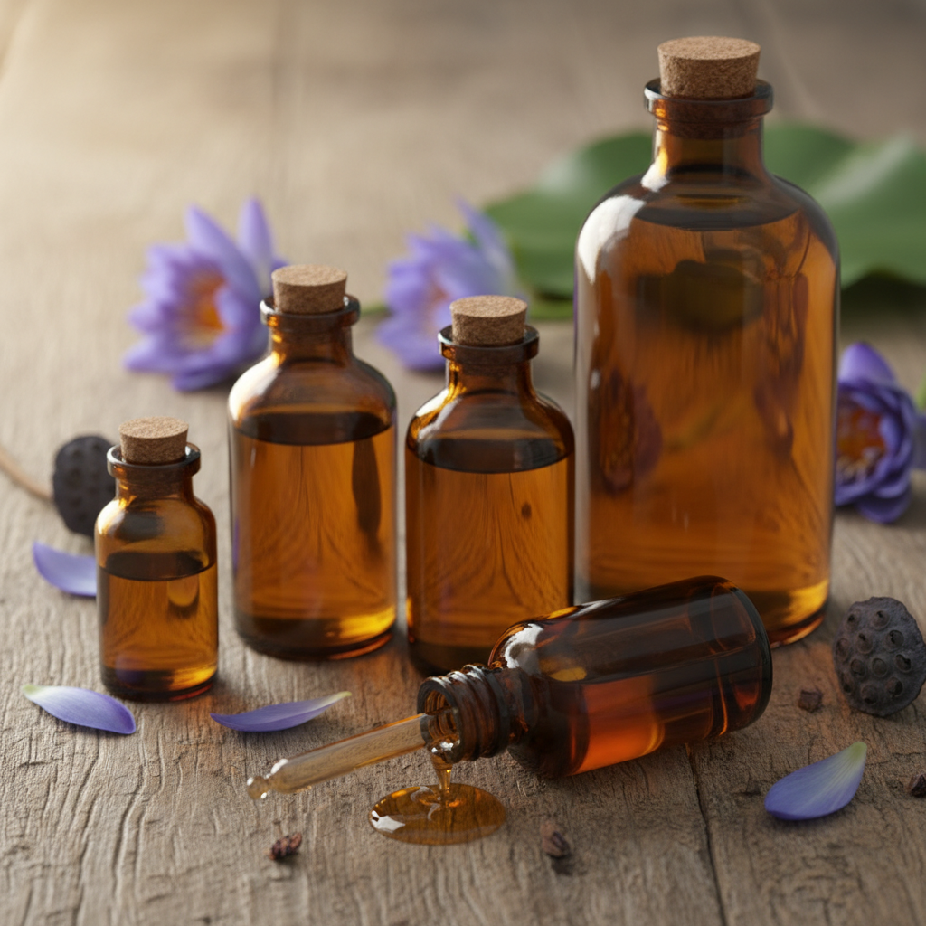 bulk blue lotus oil in amber glass bottles with dropper and lotus petals