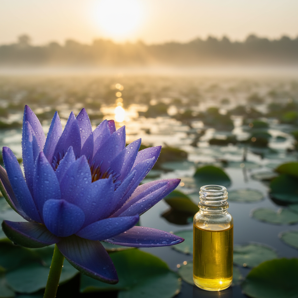 blue lotus flower and blue lotus oil bottle in wetland at sunrise