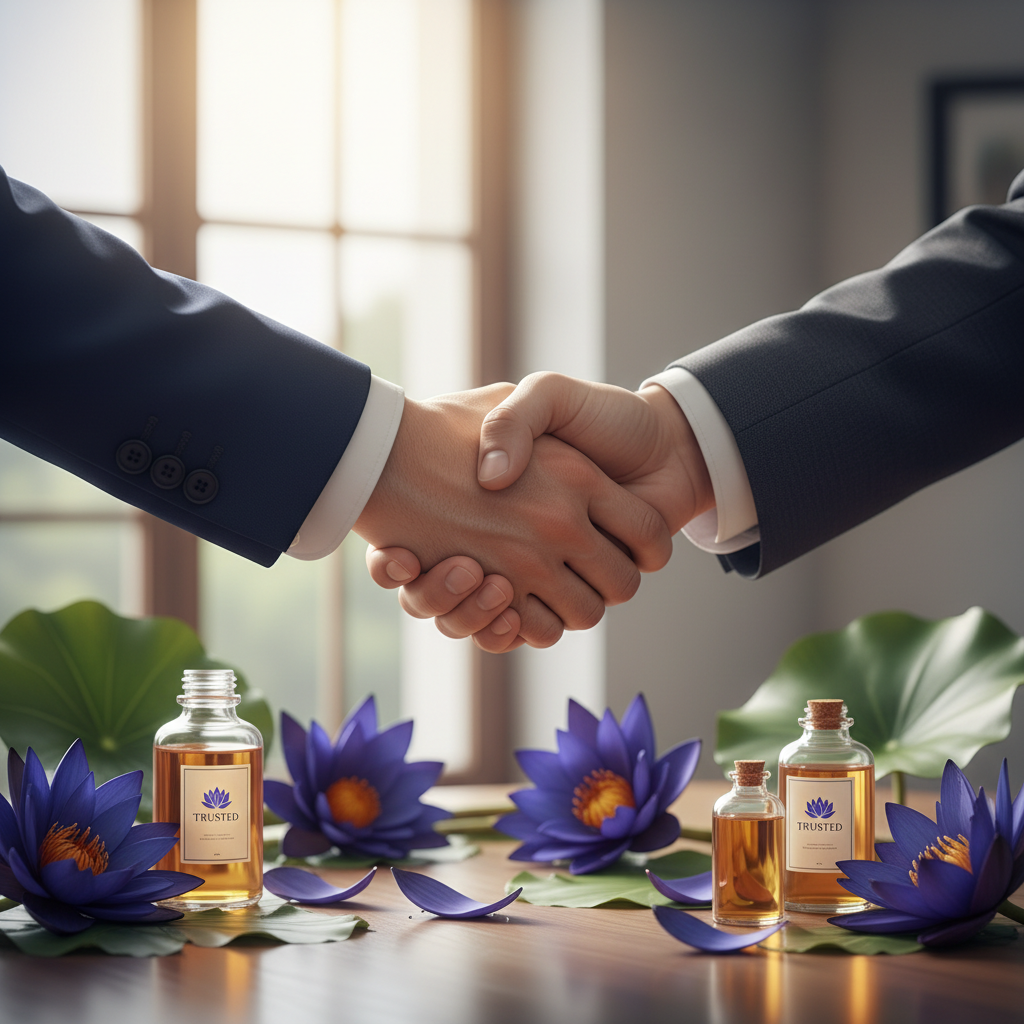 bulk blue lotus oil supplier partnership handshake with blue lotus flowers and essential oil bottles
