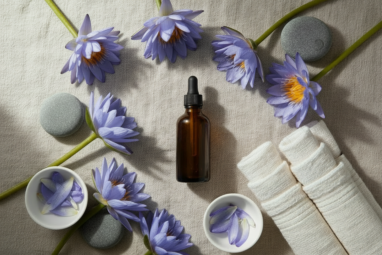 Blue Lotus essential oil bottle with purple blue lotus flowers, spa stones, and towels for aromatherapy and skincare benefits
