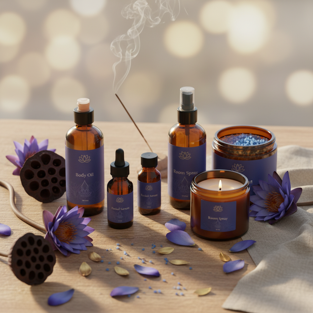 Blue lotus wellness product collection with body oil, room spray, candle, bath salts, and skincare bottles on wooden table with lotus flowers.