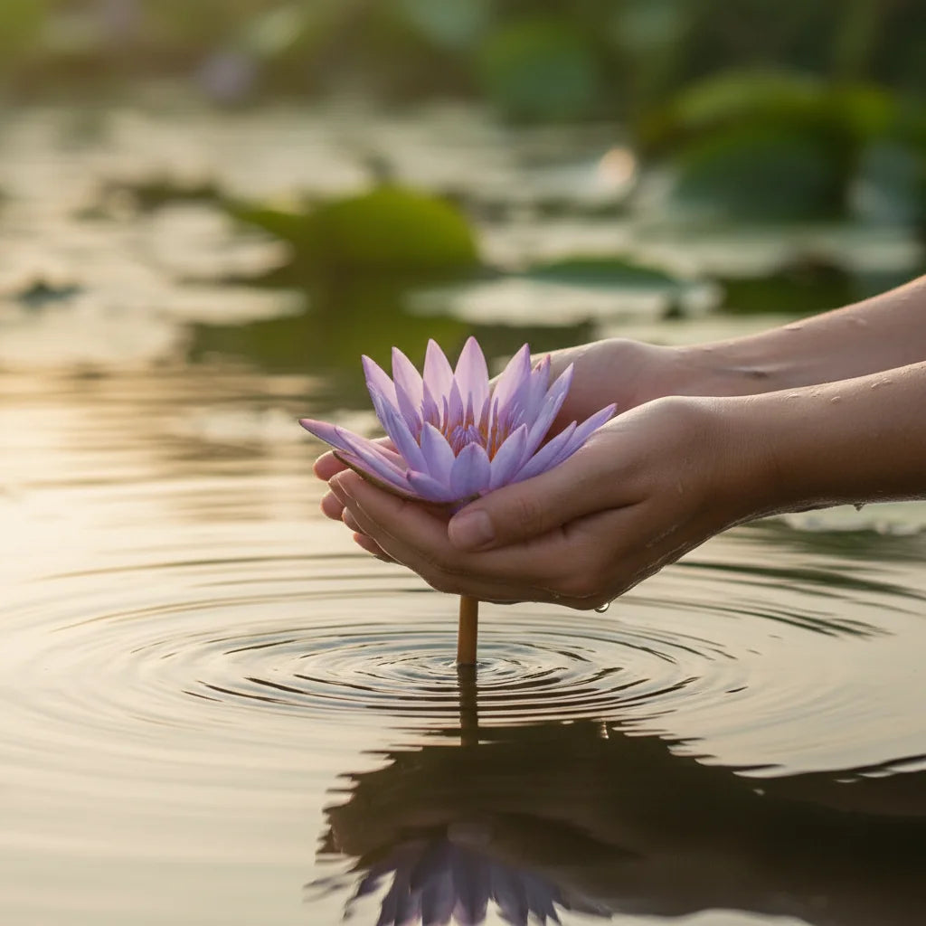 Hand holding a blue lotus flower over calm water, symbolizing spiritual connection, meditation, and ancient wellness practices.