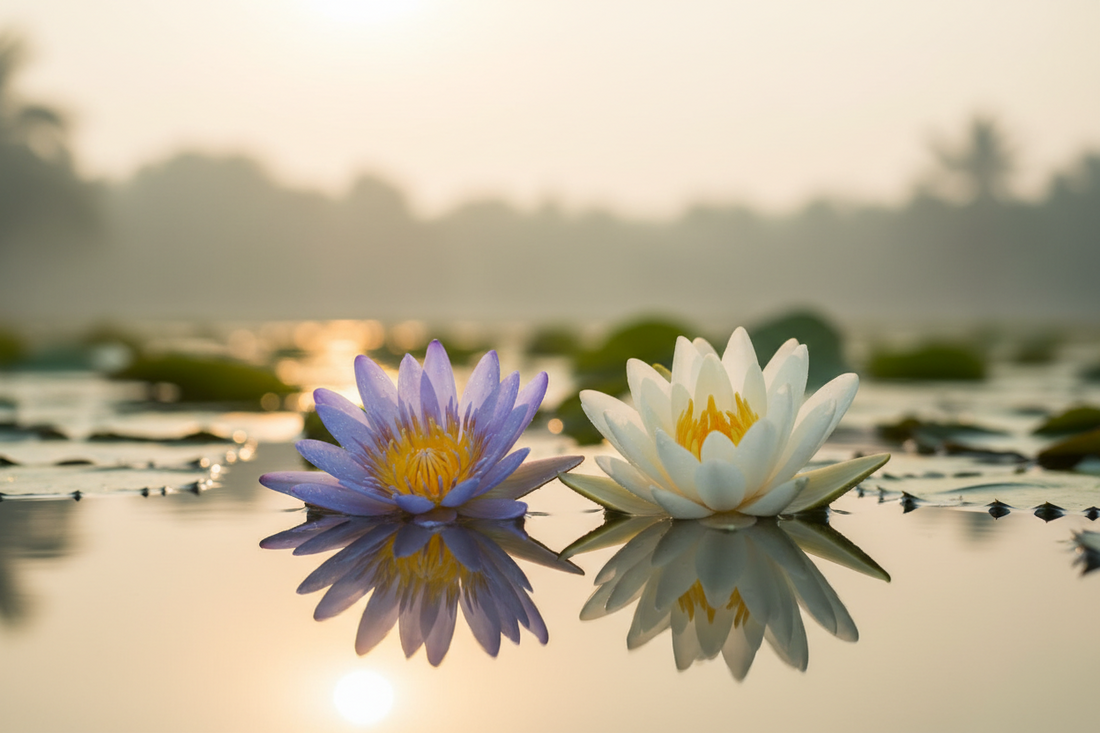 Blue Lotus and White Lotus flowers floating on calm water at sunrise, sacred lotus essential oil comparison featured image