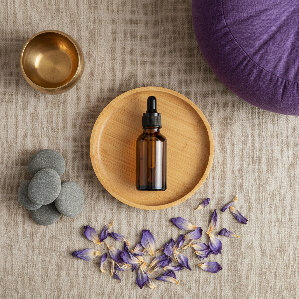 Blue lotus oil meditation setup with aromatherapy bottle, yoga cushion, and flower petals