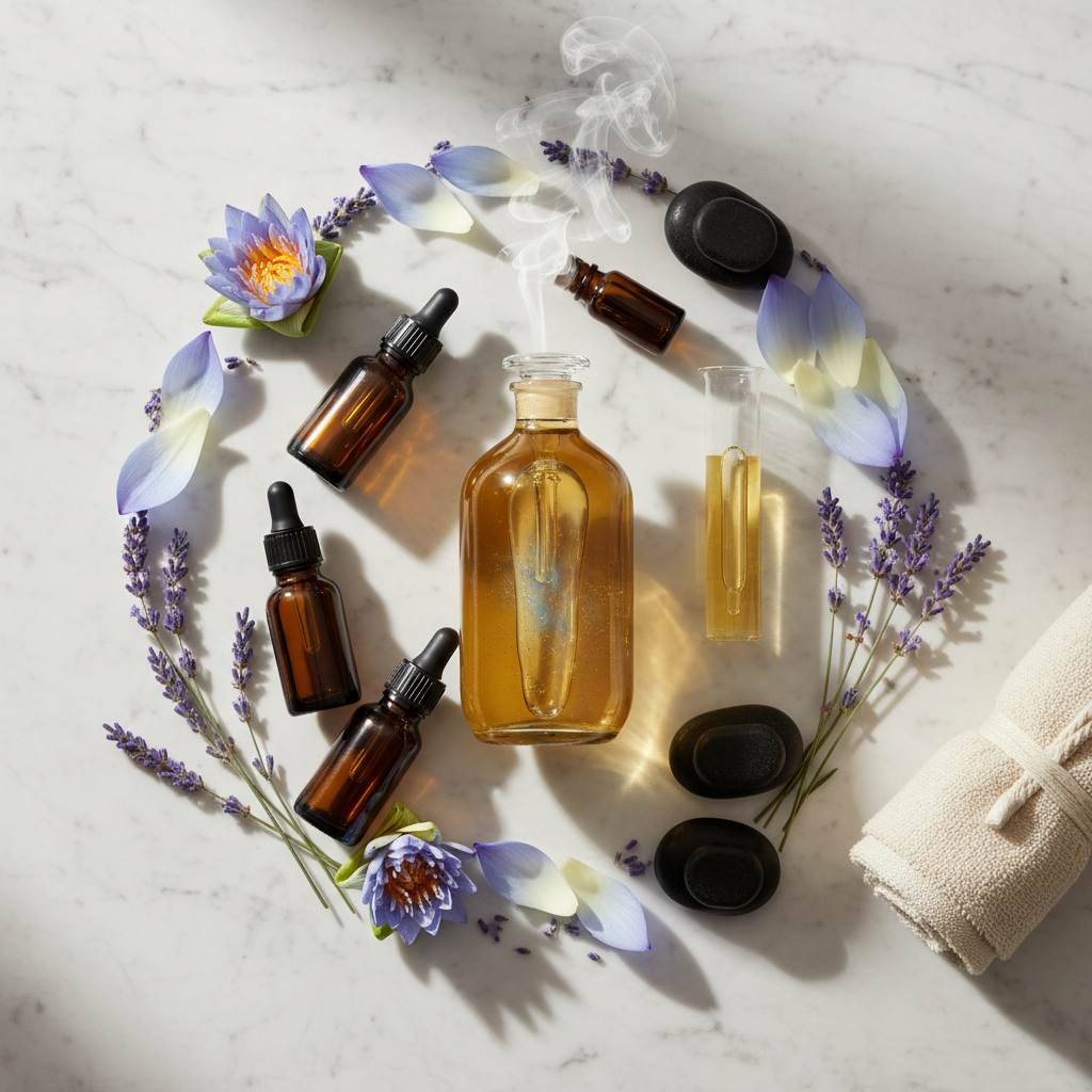 Blue lotus massage oil blend with lavender, dropper bottles, and spa stones
