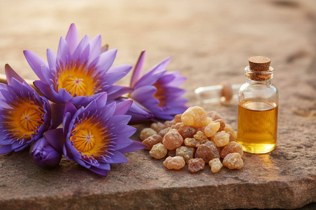 Blue Lotus flowers and frankincense resin placed side by side on a natural stone surface