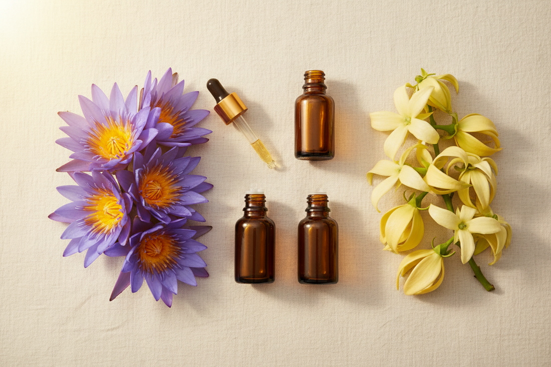 Blue Lotus flowers and Ylang-Ylang flowers with amber essential oil bottles on neutral background for aromatherapy comparison