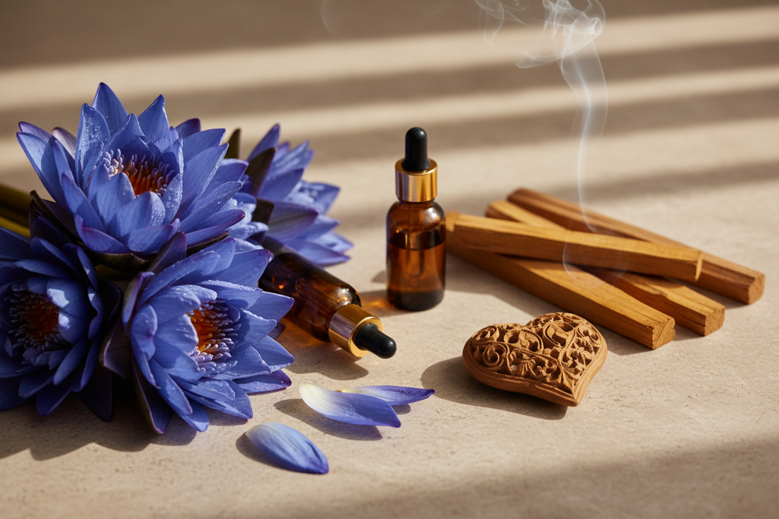 Blue lotus flowers and sandalwood sticks with amber essential oil bottles on a neutral background