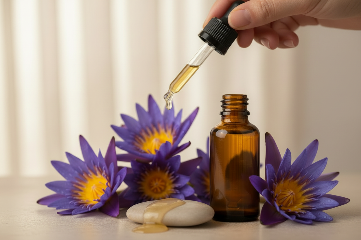 Blue Lotus essential oil dropper bottle with purple lotus flowers, aromatherapy oil on natural stones