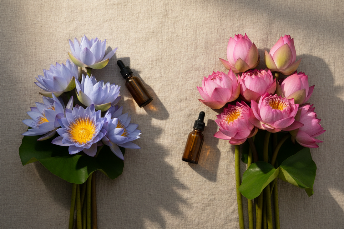 Blue Lotus and Pink Lotus flowers with essential oil bottles side by side for Blue Lotus Oil vs Pink Lotus Oil comparison