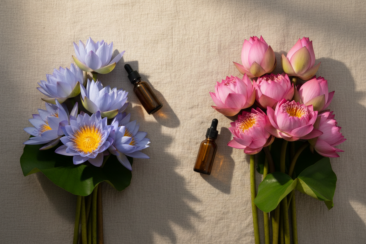 Blue Lotus and Pink Lotus flowers with essential oil bottles side by side for Blue Lotus Oil vs Pink Lotus Oil comparison